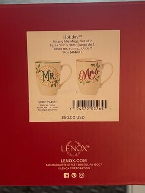 Lenox Holiday Mr. and Mrs. Ceramic Mug Set - Red and Green Accents